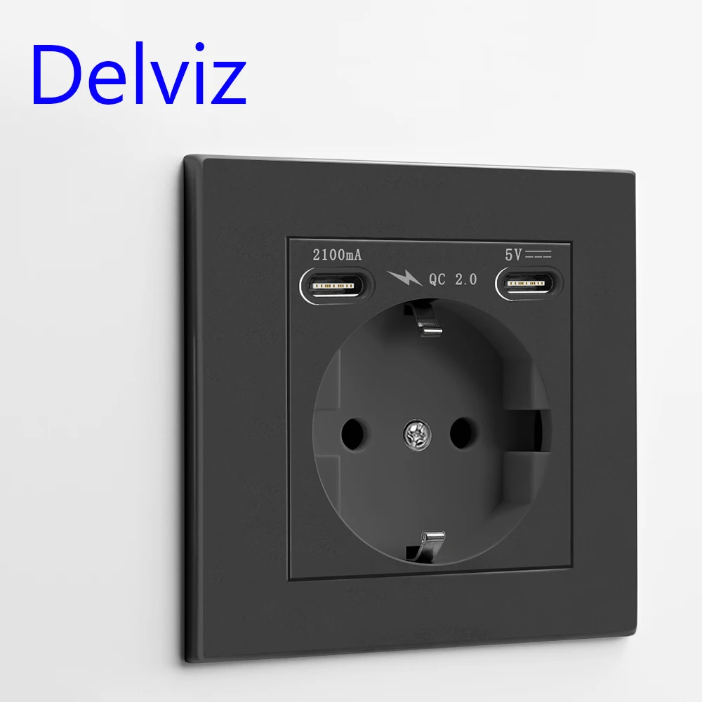 Delviz Wall 2A USB Power Outlet, AC 110V-250V, PC Panel 16A Wall Embedded Electric Double Socket, EU Standard Type C USB Socket