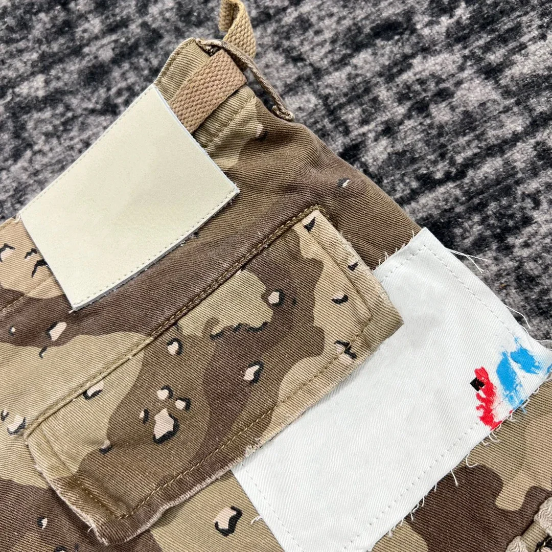 Summer Fashion Camouflage Splicing Leather Letter Washed Retro Knee Jeans Men Women Shorts 5