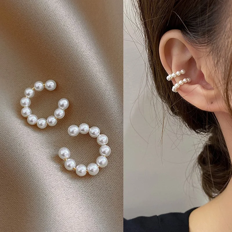 Ear Clip Earrings Pearl Ear Cuff Clip Earrings Non-Piercing Bone C-shaped Ear Ring Without Puncture Minimalist Earrings Women Fashion Jewelry