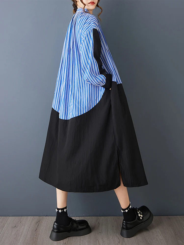 Stripe Patchwork Oversized Shirt Dresses For Women New Long Sleeve Loose Casual Midi Dress Elegant Clothes Spring Autumn 2025