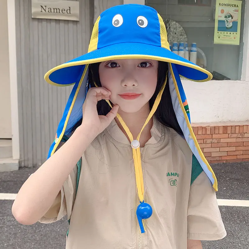 Sun Hats For Boys Girls Children Summer Outdoor Sunscreen Wide Brim Bucket Hat With Shawl Sunshade Cartoon Fisherman Cap Kids