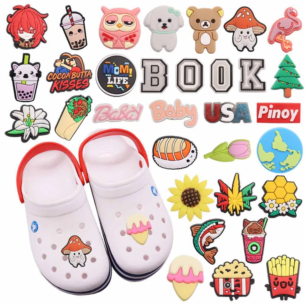 

Mix 50PCS PVC Croc Jibz Buckle Dog Flame Bird Bear Drink Sushi Owl Fish Mushroom Garden Shoes Button Decorations Accessories