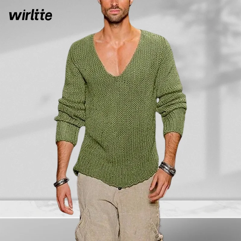 

Men Sweater Spring And Autumn V-Neck Casual Slim Men's Knitted Pullover Solid Color Long Sleeve Knitwear Sweater Mens Clothes