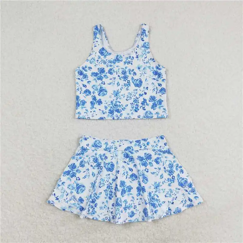 طفل فتاة الصيف رياضية Acive ارتداء مع القلاع الزرقاء سترة يوجا أعلى الرياضة Skorts طفل الفتيات الملابس فساتين مجموعات