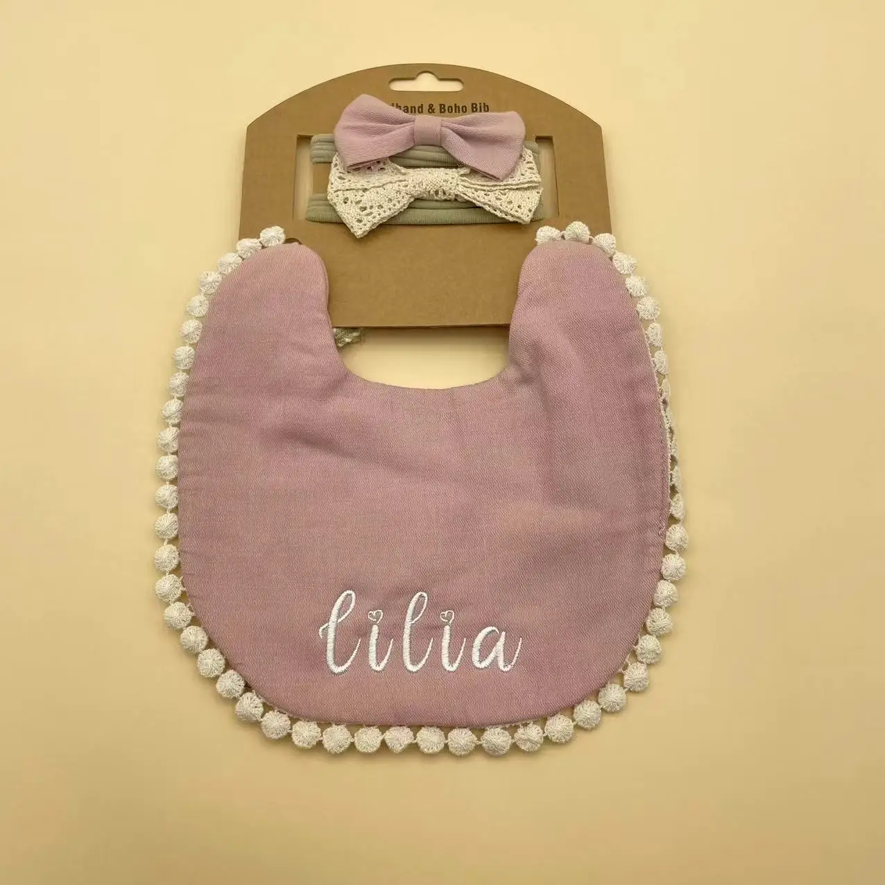 Personalisiertes Baumwoll-Baby-Lätzchen-Set mit Schleifen-Stirnband, Baby-Spucktuch, individuelles Sabbertuch, Neugeborenen-Geschenk – Detail 19