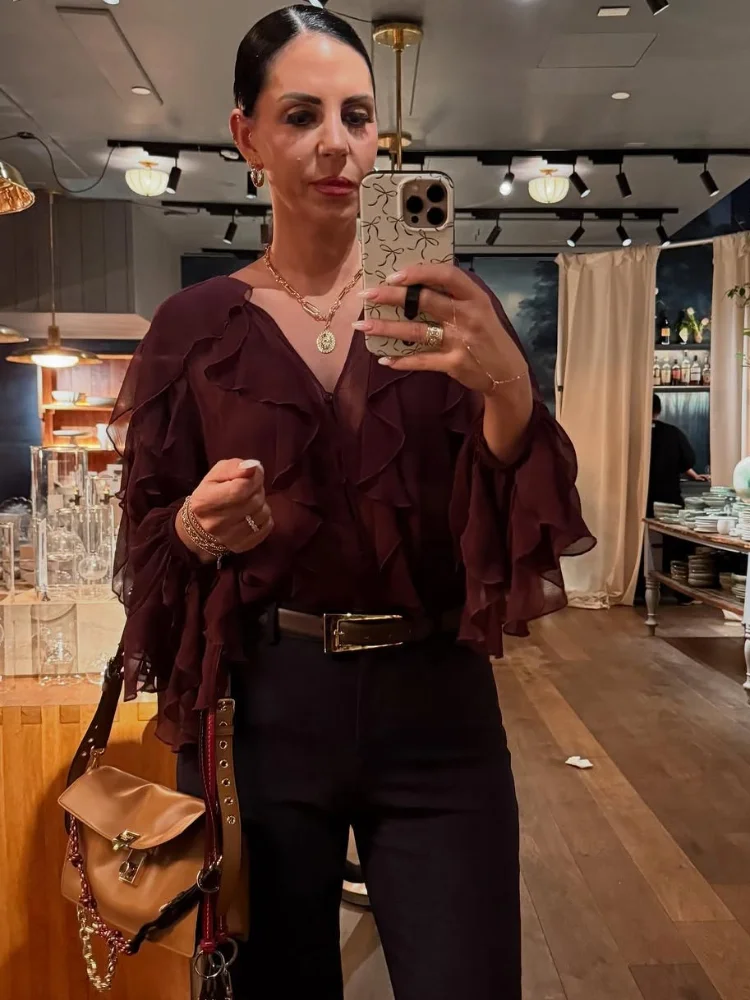 Spring Burgundy Layer Ruffles Shirts For Woman Casual V Neck Full Sleeve Loose Blouse New Female High Street Office Outfits 2025 - Image 3