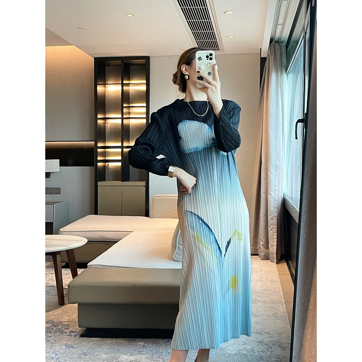 

Pleated autumn long sleeve print dress round collar fashion dress