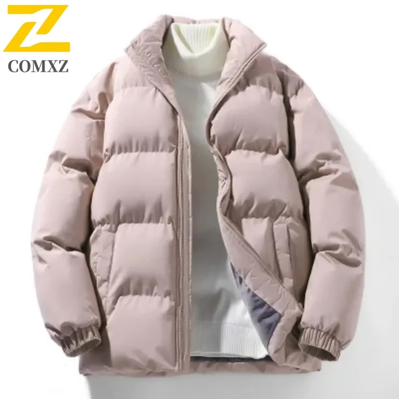 COMXZ 2025 Men Hong Kong Style Puffer Cotton Jacket Winter Loose Stand Collar Ins Versatile Washable Lightweight Commute Coat