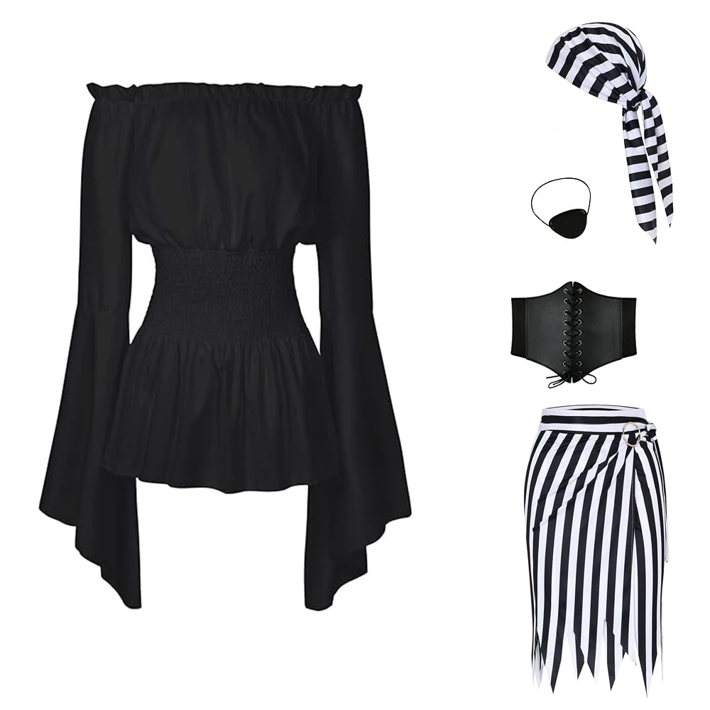 thumbnail image 1 of Disfraz de pirata para mujer, 5 piezas, blusa renacentista, camisa, corsé, cinturón, parche en el ojo, falda pirata, disfraz para fiesta de Halloween, 1 of 5