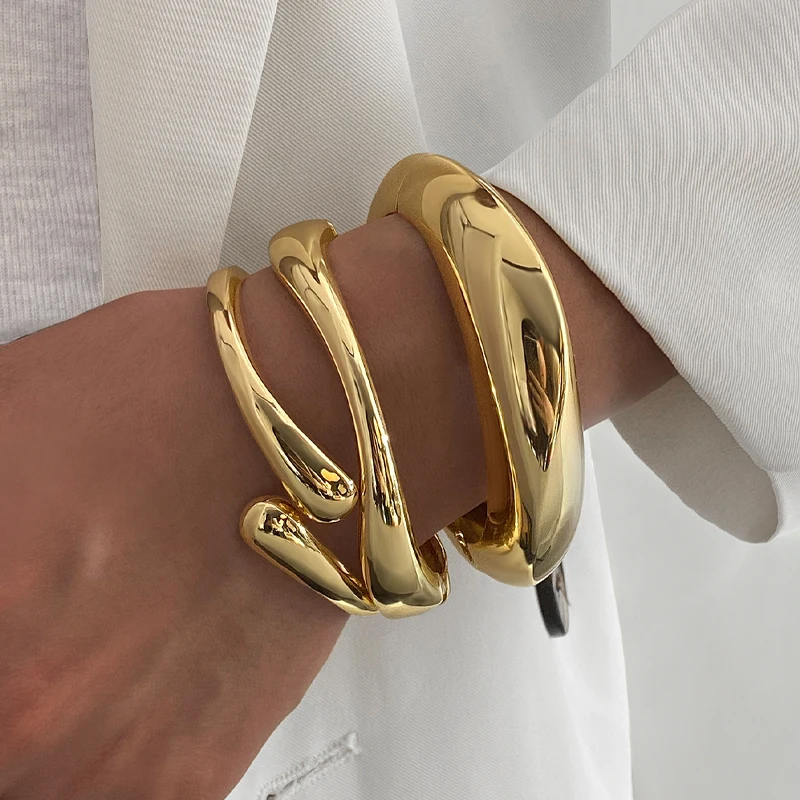 3/6 Stück Vintage minimalistisches übertriebenes offenes Armreif-Set für Frauen, luxuriöses asymmetrisches Metall-Wassertropfen-Schlangenmanschettenarmband, Schmuck – Detail 4