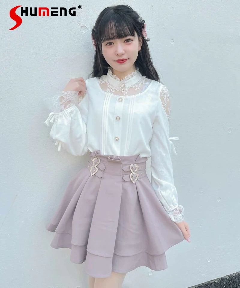 Japanese Girl Rojita Sling Collar Bow Doll Collar Blouse 2023 New Autumn Sweet Women's Long Sleeve Ruffled Lace Shirt Outerwear