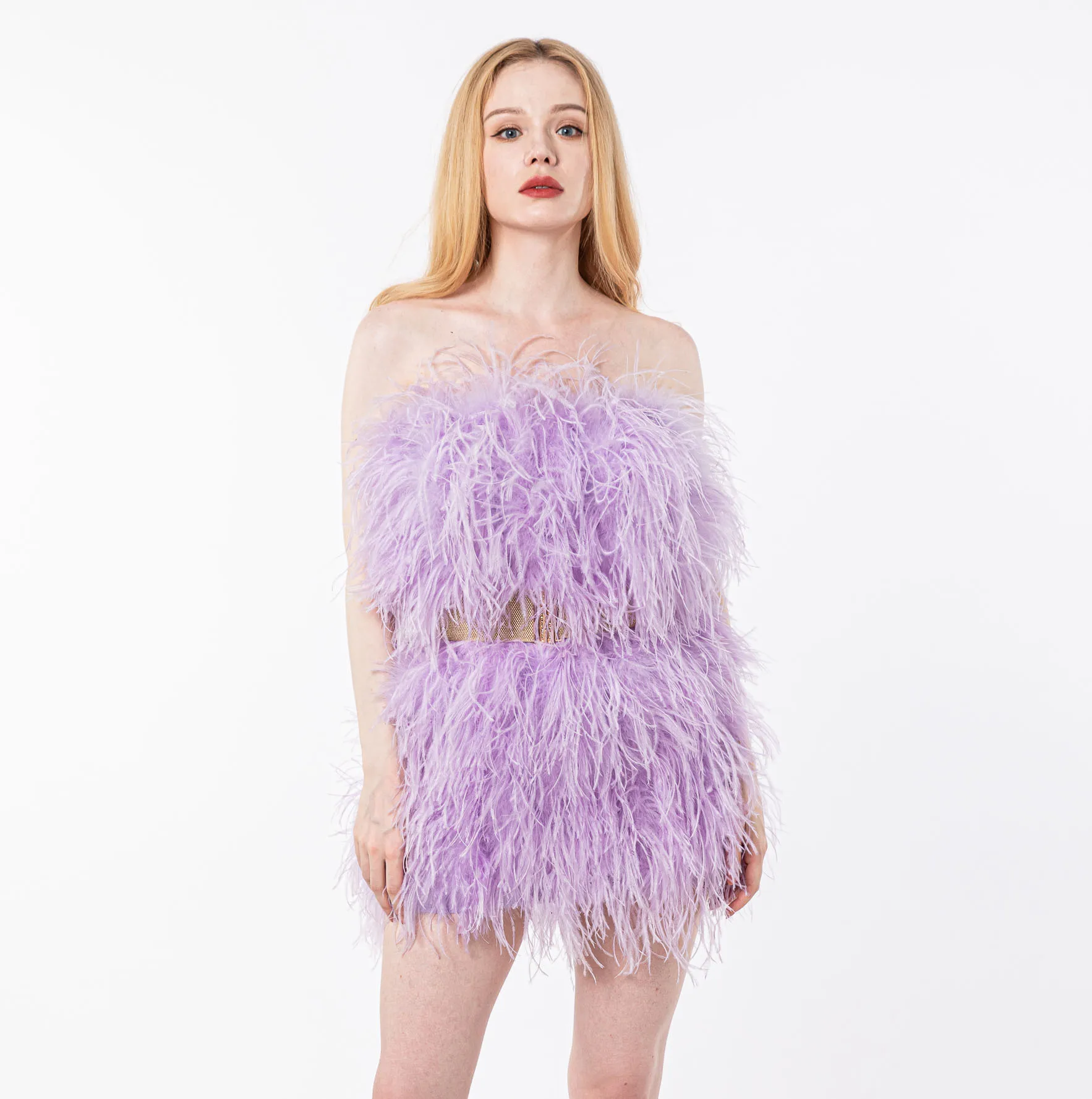 

Natural real ostrich feather wrapped skirt short dress for women furry fluffy for party 2024 peach fuzz luxurious 210714