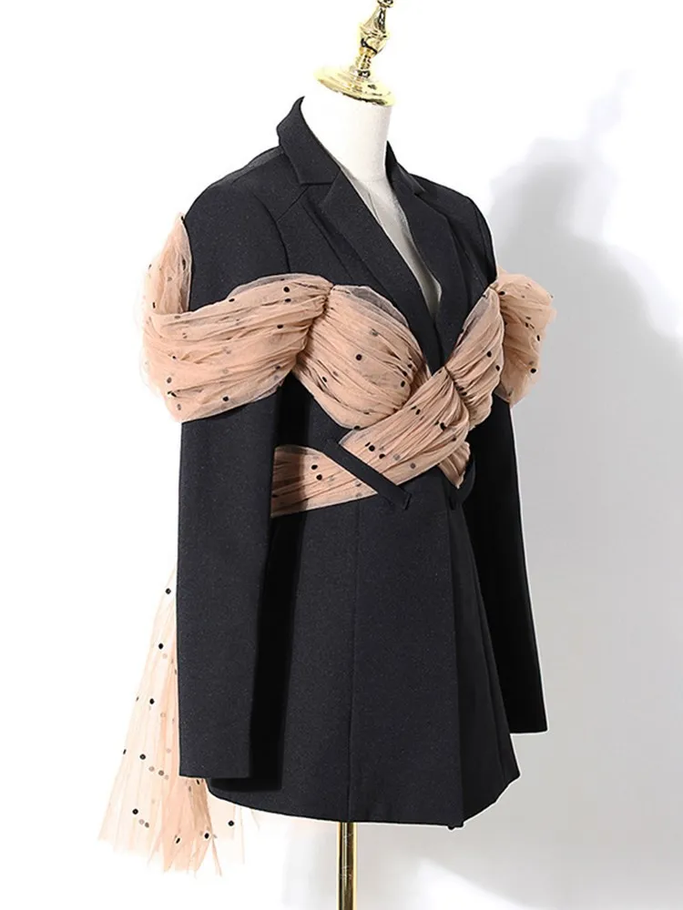 KBQ-Spliced Mesh Blazer for Women, Notched Collar,Long Sleeve,Backless,Crisscross Colorblock Blazers,Female Fashion Clothing,New