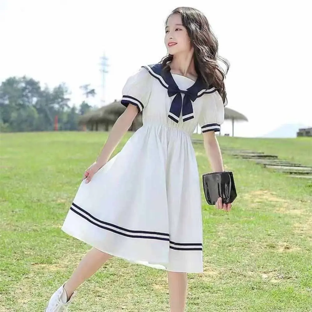 Elegant Bow Girls Preppy Style Dress Teenagers Party Summer Kids Dresses Beach Vacation Pleated Children Princess Dress Students