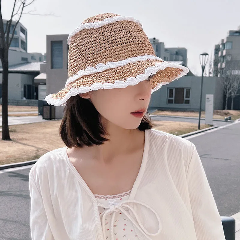 

OMEA Straw Hat for Women Korea Style Colorful Knitting Hemming Bucket Hat Designer Cute Sun Hat Harajuku Fashionable Summer Hats