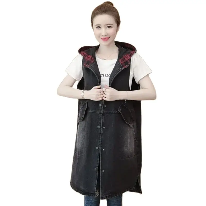 

New Spring Autumn Medium Long Cowboy Vest Coat Female Hooded Loose Sleeveless Women Denim Windbreaker Vest Leisure Outcoat Tops