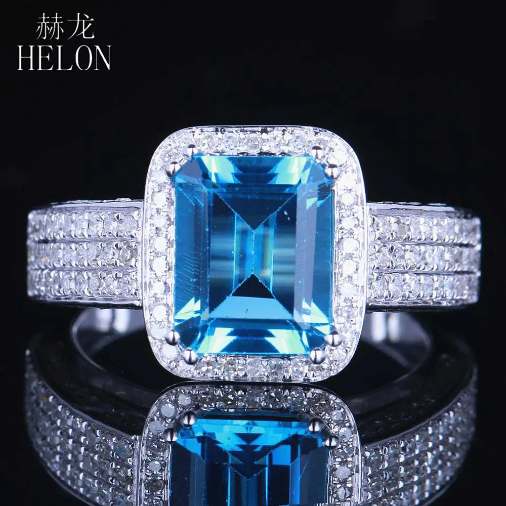 헬론 에메랄드 컷 9x7MM 스위스 블루 토파즈 반지, 14K 10k 화이트 골드 천연 다이아몬드 약혼 반지, 여성 트렌디 ...