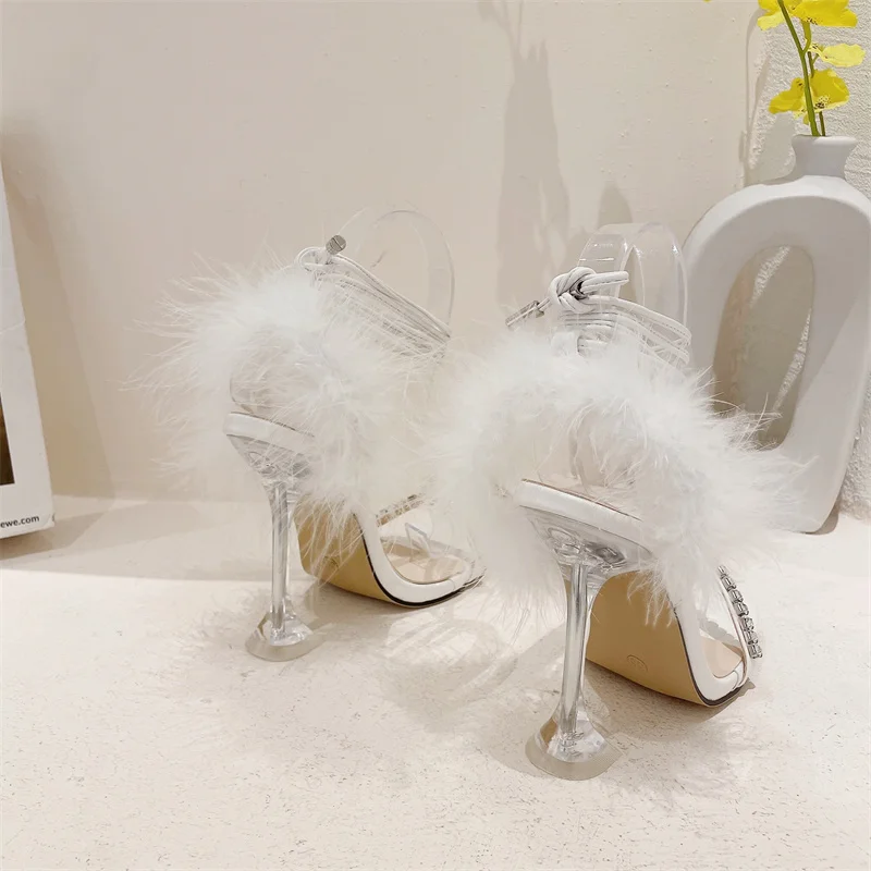 Vanessas fuzzy feather summer transparent high heels – crystal womens sandals for party banquet