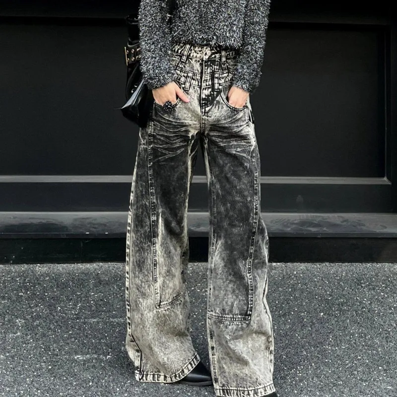 

2024 Cyber Y2K Streetwear Tie Dye Vintage Grey Baggy Jeans Pants For Women Clothes Wide Leg New Rock Straight Goth Lady Trousers