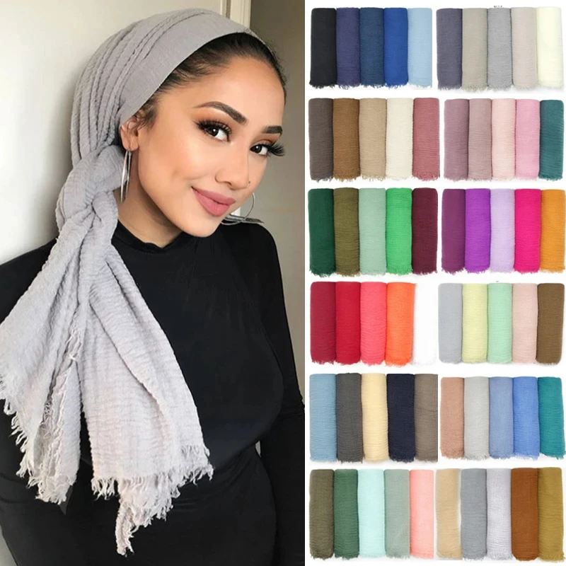 

2021 Muslim Women Crinkle Hijab Scarf Soft Solid Cotton Head ScarvesTurban Shawls and Wraps hijab femme musulman kopftuch