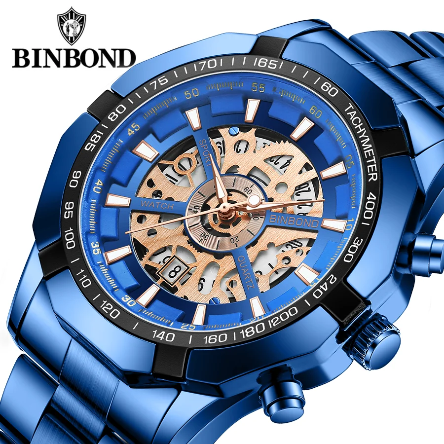 2023 Binbond S033 Mens Watches Top Brand Luxury Stainless Steel Waterproof Hollow Out Blue Big Male Wristwatches