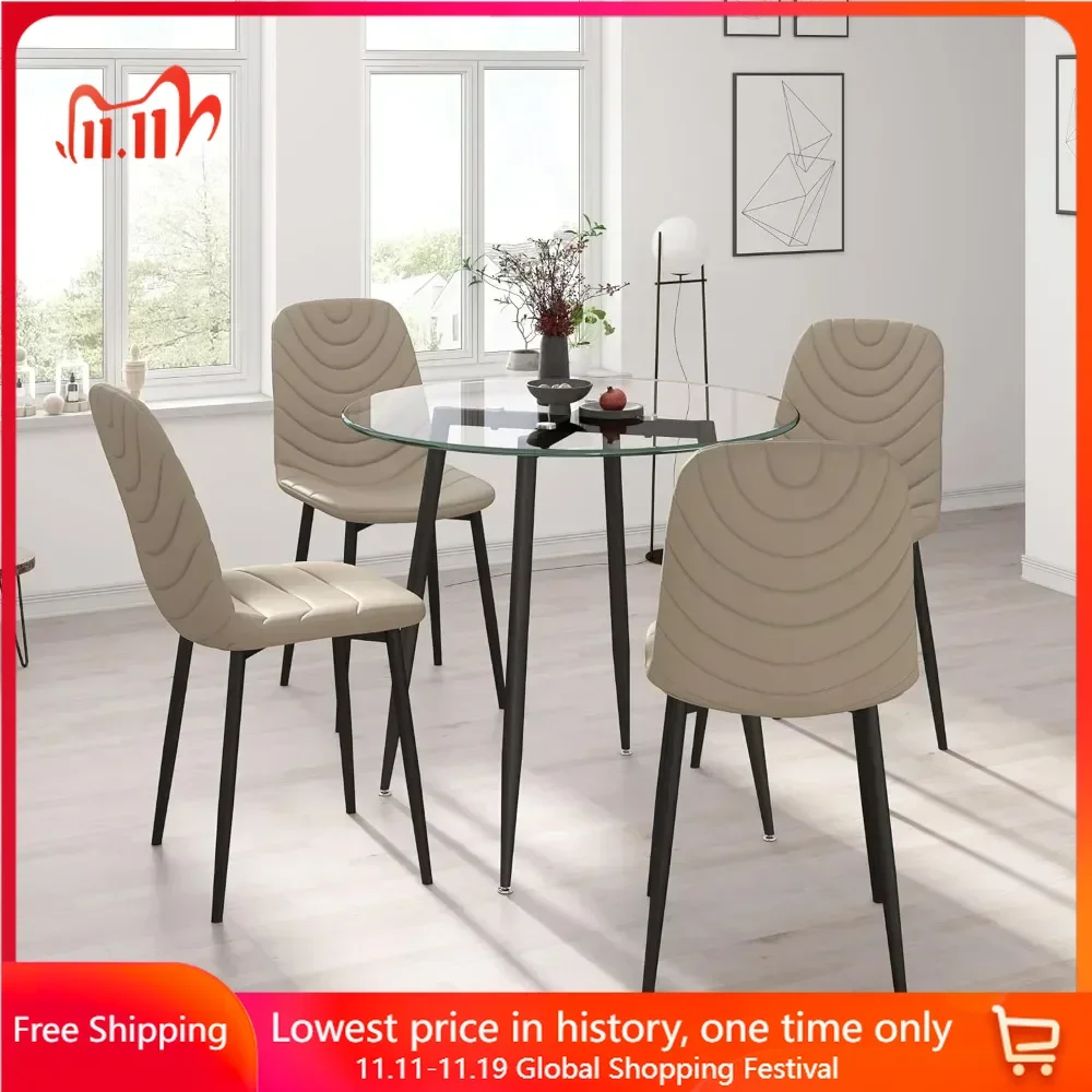 5-Piece Round Glass Dining Table Set with Faux Leather Chairs-Space-Saving Kitchen Furniture 5-Piece