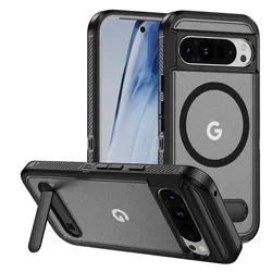MagSafe Armor Shockproof Matte Phone Case with Magnetic Wireless Charging Stand Holder for Google Pixel 9 (Black transparent)