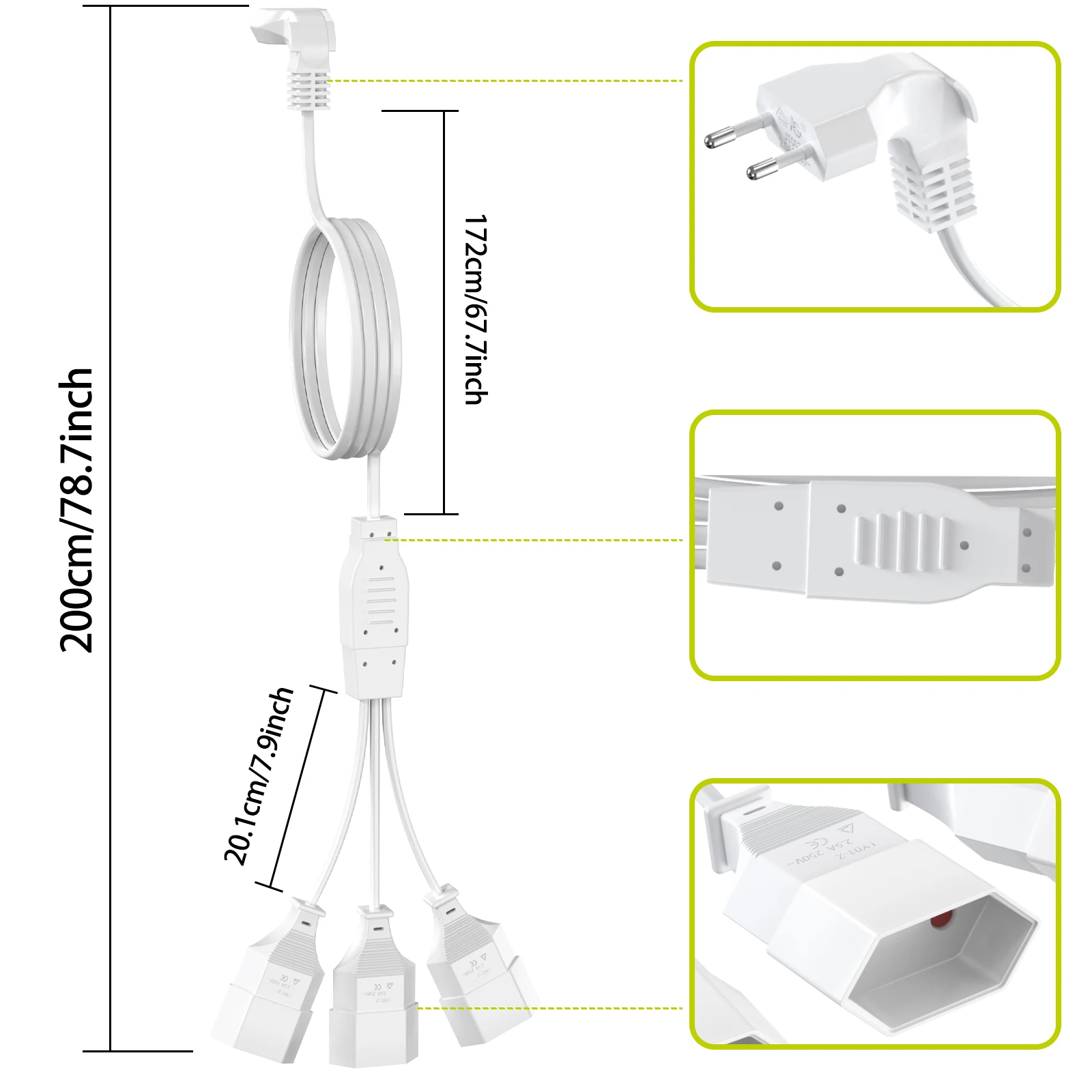 Multi-Length EU Plug Power Extension Cable - 3-Way Outlet, 2-Prong Male to Female Socket, 2.5A/250V
