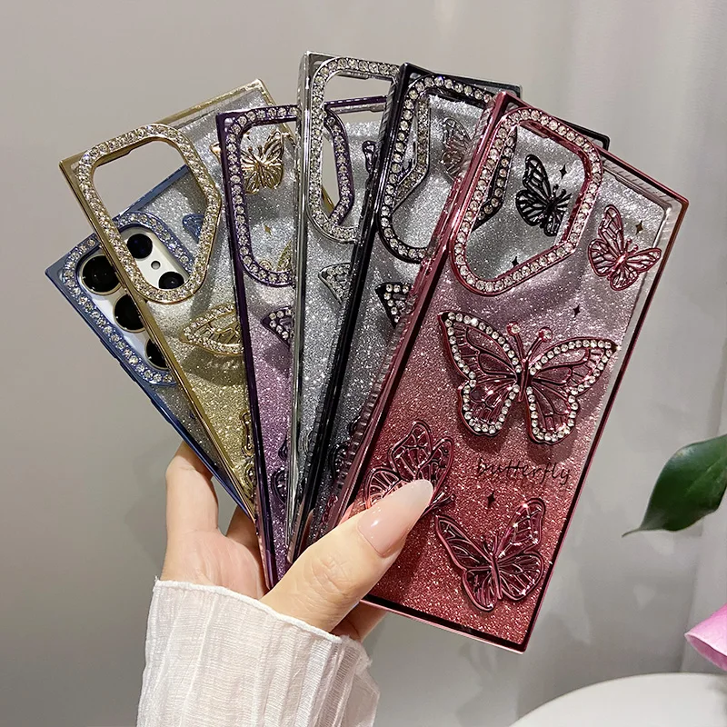 Glitter Electroplating Rhinestone Butterfly Clear Shockproof Phone Case