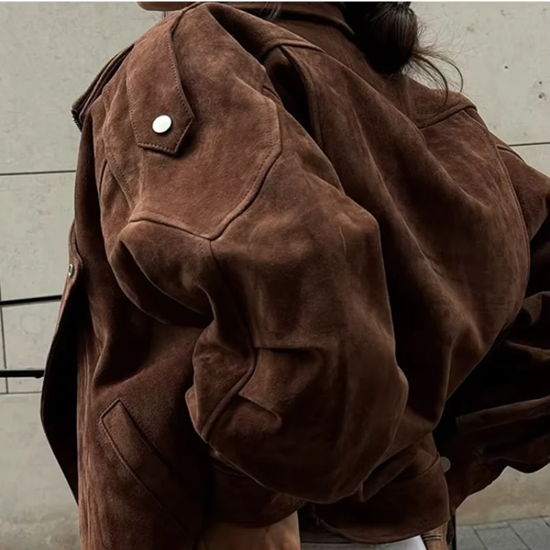 Chic Brown Faux Suede Cropped Casual Coat Vintage Lapel Solid