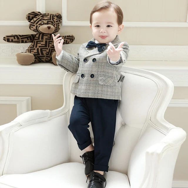 New Kids Formal Plaid Suit Children Boys Wedding Birthday Party Jacket Baby Blazer Pants With braces Bow tie Clothes Set Outfit 1
