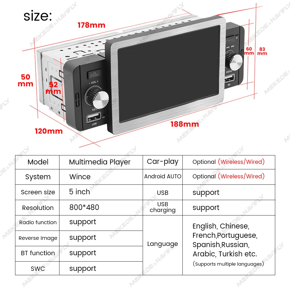5 Inch Touch Screen Wireless Carplay Android Auto Car Radio 1Din MP5 Player Autoradio Stereo For Car Universal Multimedia Player