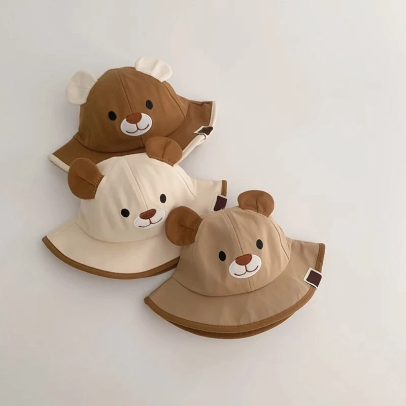 

New Cute Bear Ear Baby Sun Hat Cartoon Wide Brimmed Baby Boy Girl Fisherman Hat Kids Windproof Spring Summer Sunscreen Cap