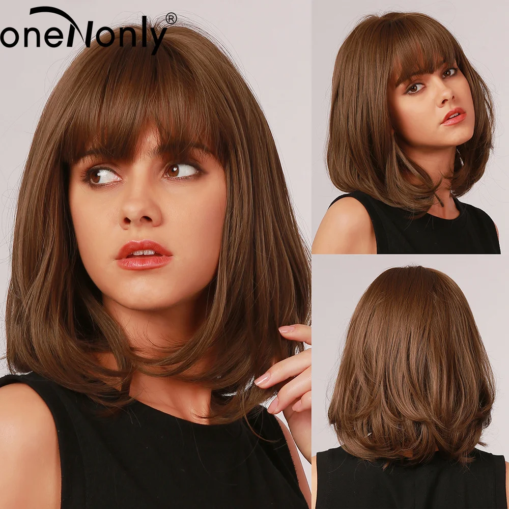 oneNonly Short Bobo Ombre Brown Synthetic Wigs with Bangs Layered Hairstyle for White Black Women Natural Hair Heat Resistant