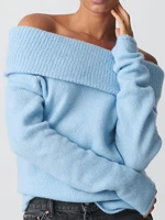Women Off Shoulder Sweaters Long Sleeve Ribbed Knit Going Out Fall Tops Blouse Solid Color Boat Neck Loose Knitwear Pullover 1