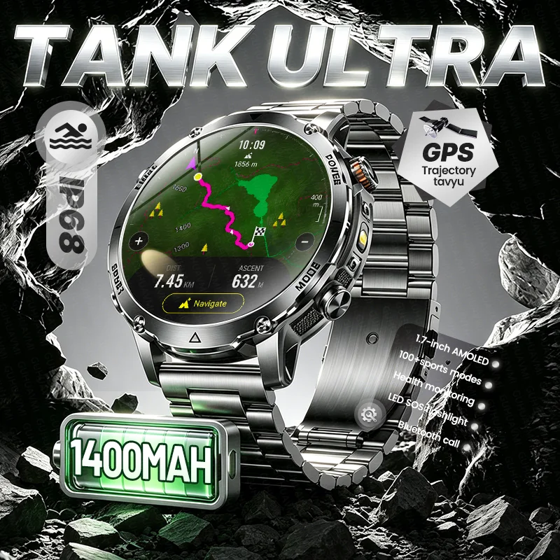 Outdoor Smart Watch for Men with 1400mAh Battery, GPS, Flashlight, 1.7 AMOLED Display, Bluetooth Calling, and Waterproof Design
