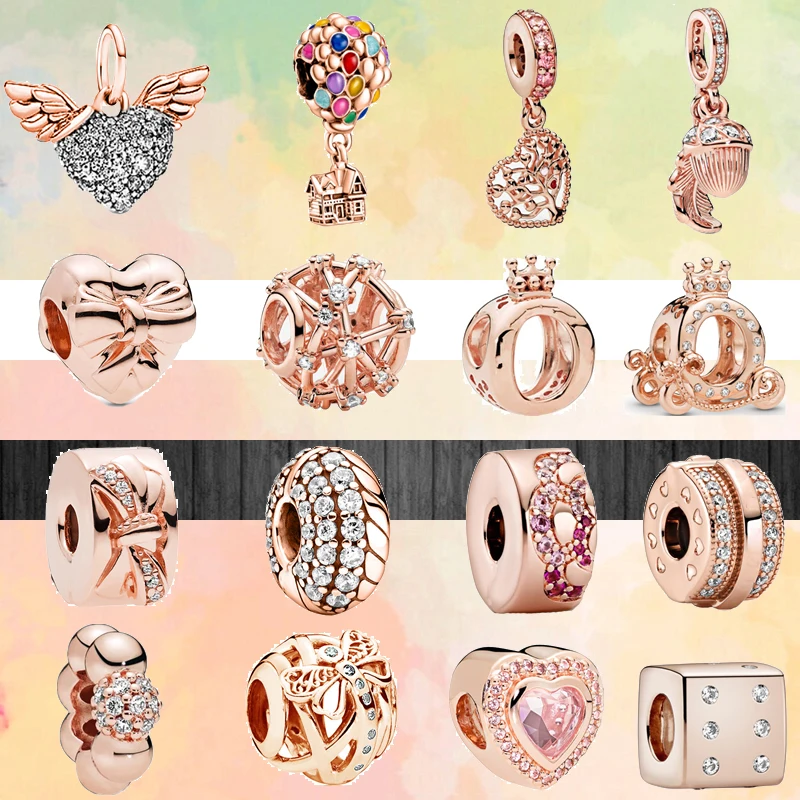 

Rose Gold Color Heart Flower Tree Balloon Crown Beads Pendant Fit Original Pandora Charm Bracelet DIY Silver Color Women Jewelry