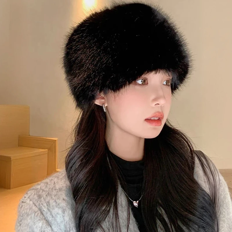 Mongolian Smooth Fluffy Plush Basin Hat New Fox Thickened Warm Bucket Caps Ear Protection Windproof Outdoor Flat Hat Ladies women bucket hat,women hat,bucket hat