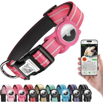 Airtag Dog Collar with QR Code Reflective Dog Collar with Airtag Holder Soft Padded Safety Locking Buckle Adjustable Dog Collar 1