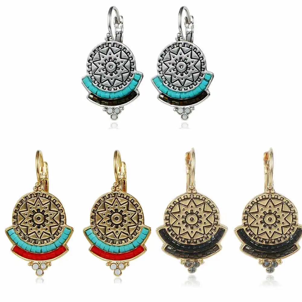 

2023 Vintage Unique Round Carved Flower 3 Color Brincos Blue Resin Beads Rhinestone Drop Earrings Ethnic Jewelry for Women