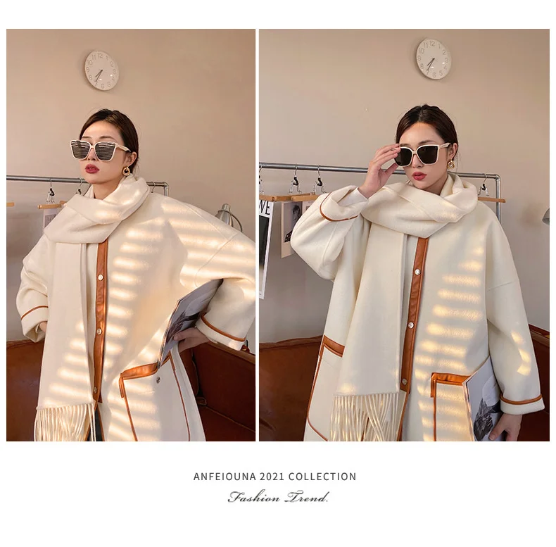 hooded puffer jacket "Anfiouna" 21 autumn and winter new sheepskin wrapped scarf design double-sided cashmere long tweed coat women hooded puffer jacket