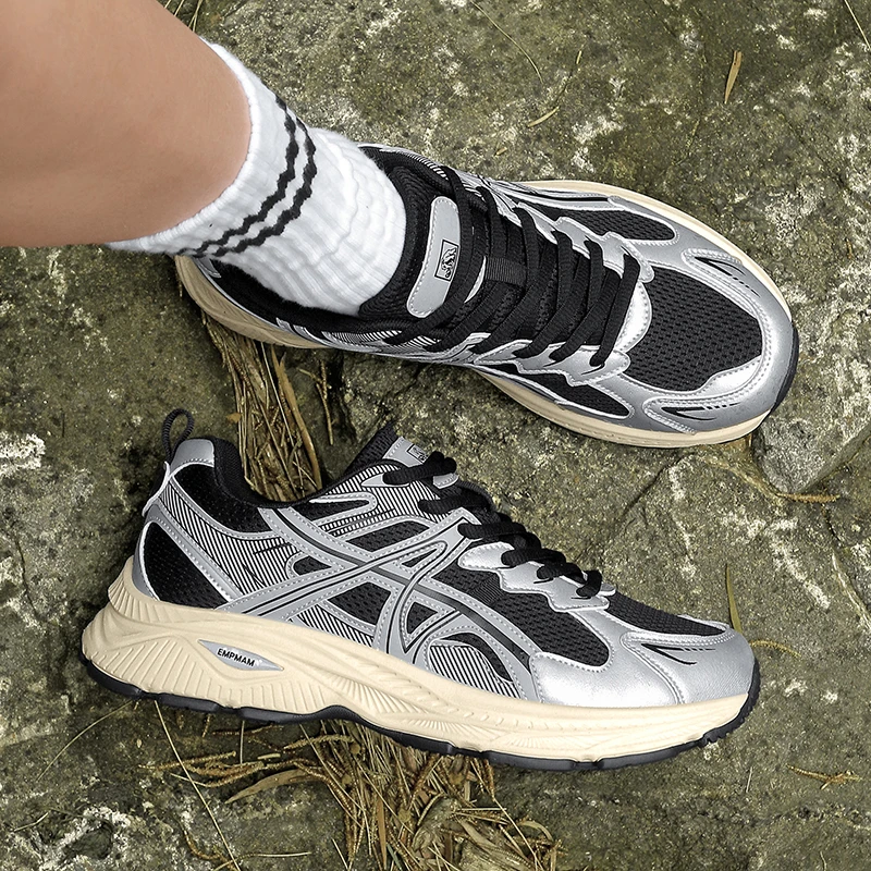 ArfaStep Black Silver Retro Dad Shoes Breathable Mesh Thick Sole Casual Running Sneakers for Men Women 5