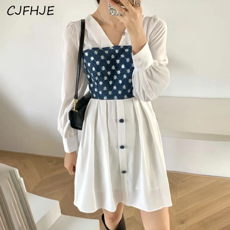 

CJFHJE Elegant Mini Shirt Dress Women One Piece Office Lady Y2k Dress Vintage V-neck High Waist Long Sleeve Bodycon Dresses New