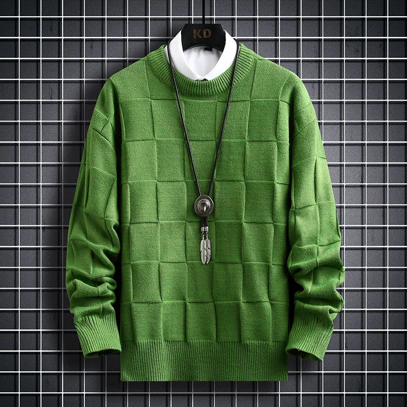 KoreanSweaterMenLongSleeveKnittedShirtsMaleKnitSweaterPlaid