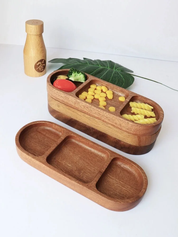 1PCS Acacia Wood Oval Three Compartment Japanese Dip Plate Breakfast Dip Plate for Japanese Pickled Vegetables dessert plate