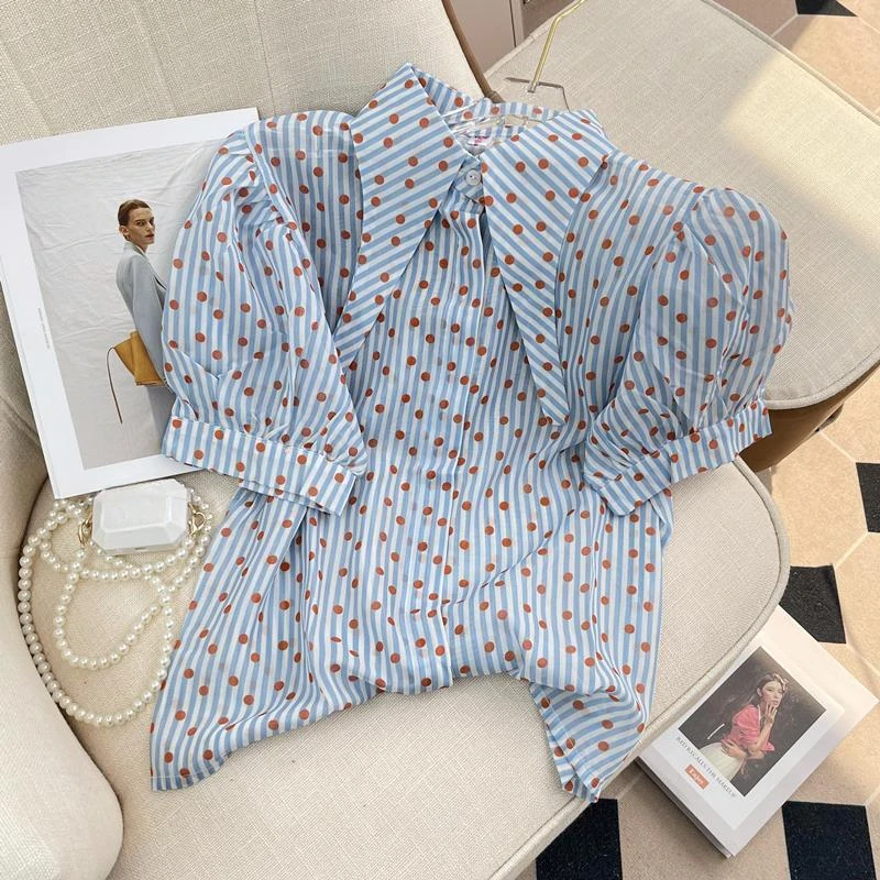 EBAIHUI Polka Dot Design Women Shirt Summer Pointed Collar Ladies Short Sleeve Blouse Blue Korean Versatile Puff Sleeve Blusas