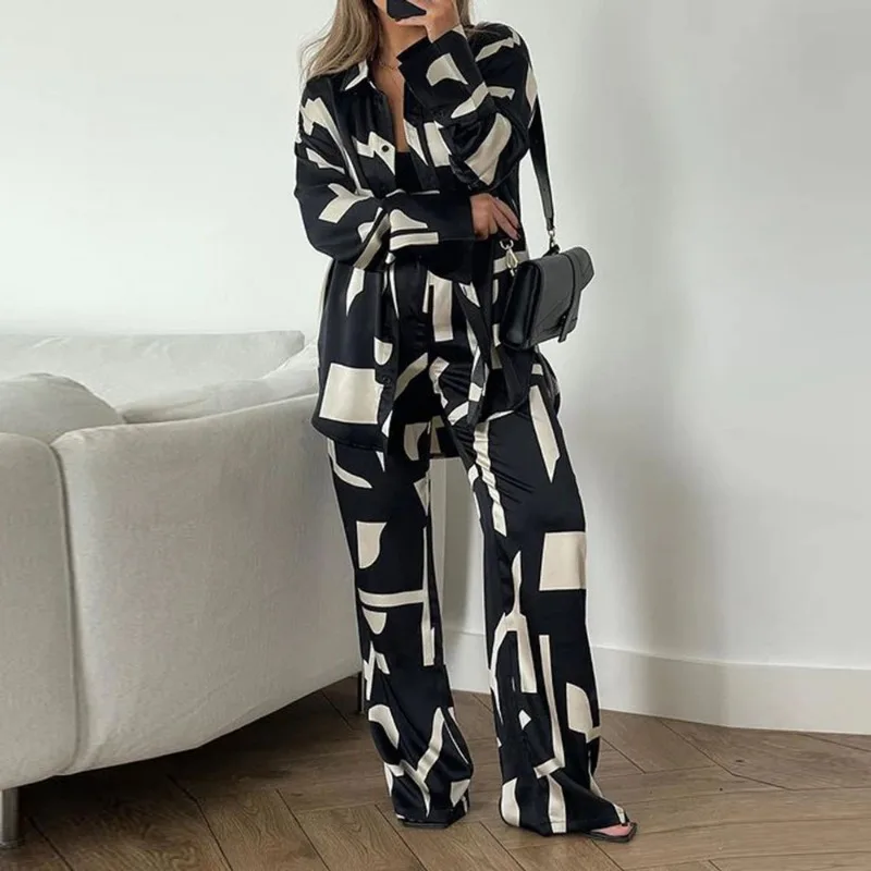 

2023 Autumn Women Black Shirt Suits Fashion Geometric Printed Shirt and Wide Leg Pants Set Office Lady 2 Piece Sets Outfits