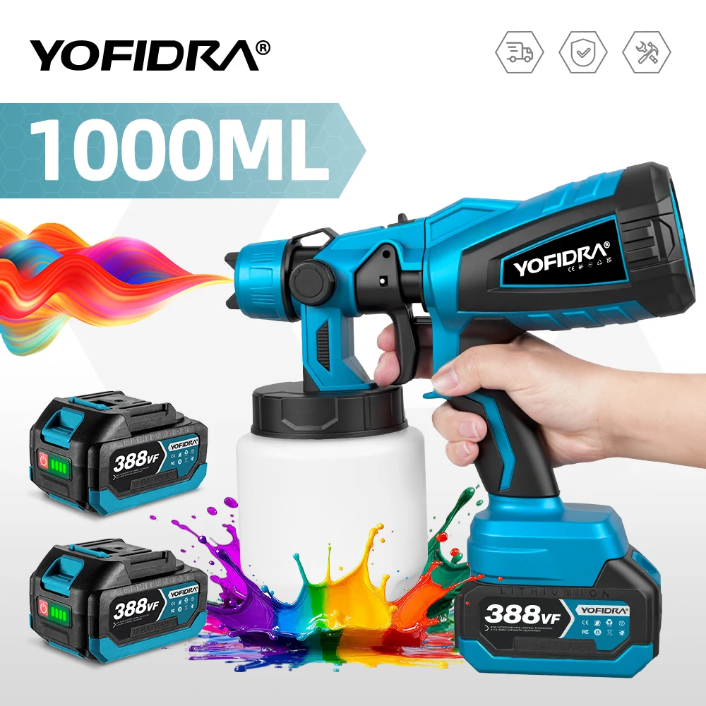 YOFIDRA Electric Spray Gun 1000ML, powerful portable cordless paint sprayer for furniture coating compatible with Makita 18V battery pin