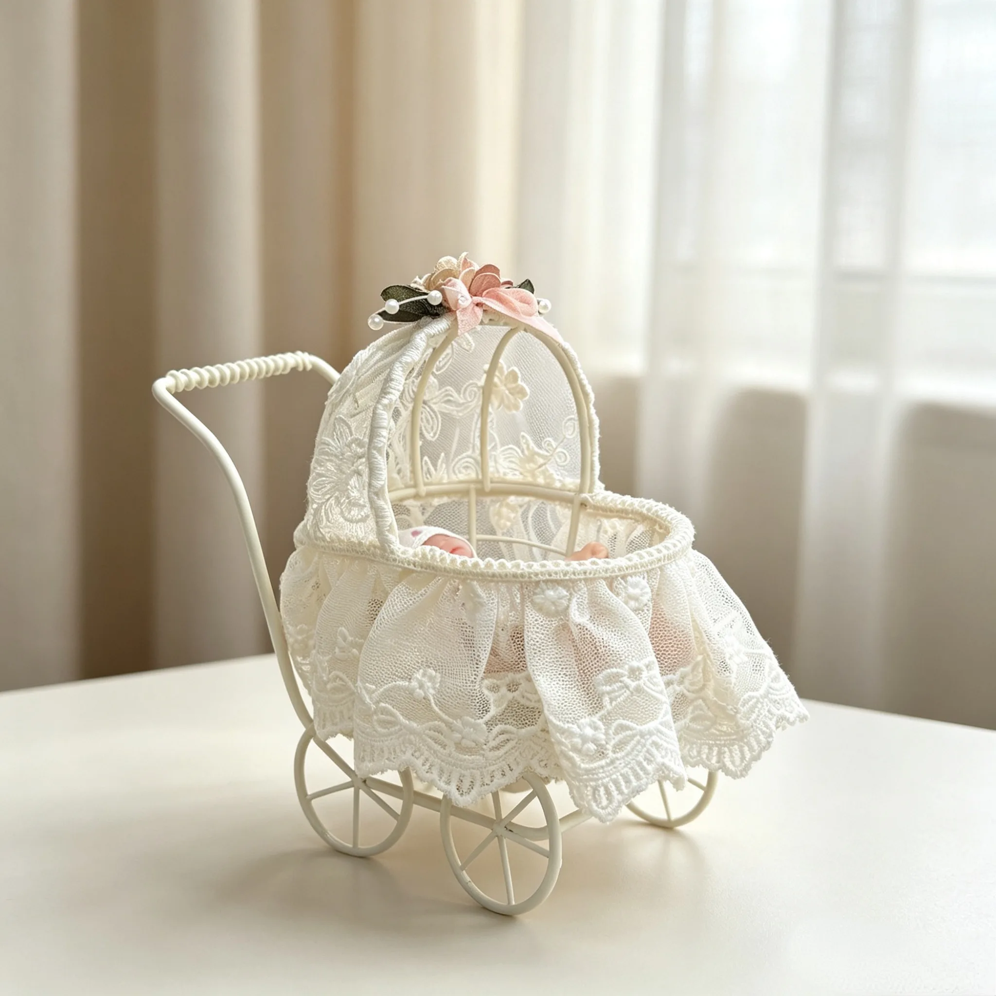 Mini Doll Stroller for 3‑4 Inch Reborn Baby Doll Vintage Lace Iron Doll Carriage Pram Dollhouse Decoration Accessories