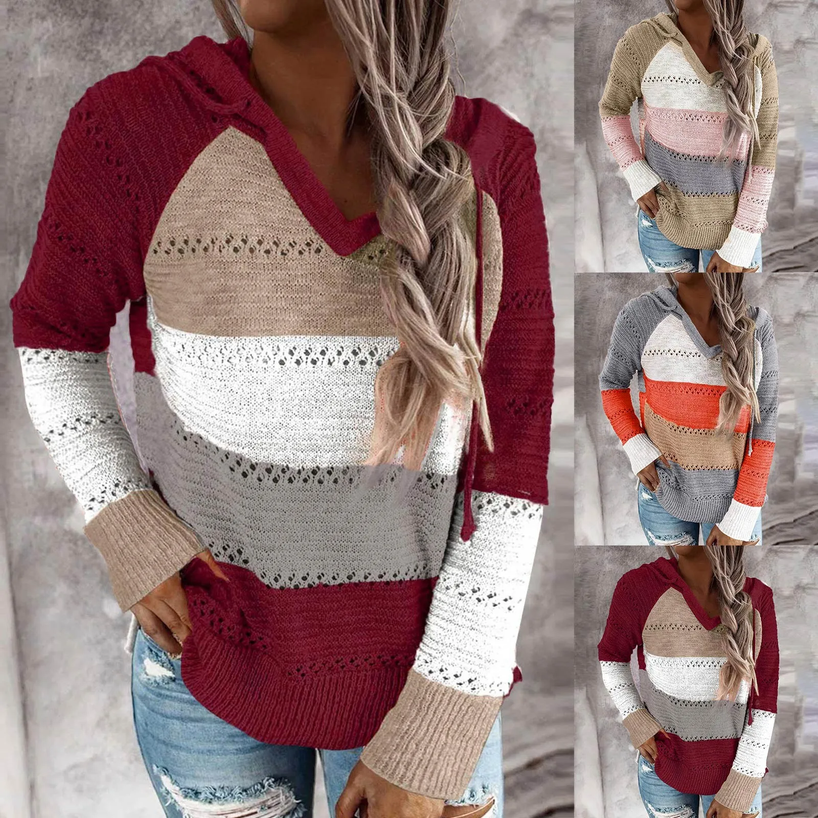 

Women's Autumn And Winter Knitting Long Sleeve Loose Color Stripe Pullover Hoodie Sports